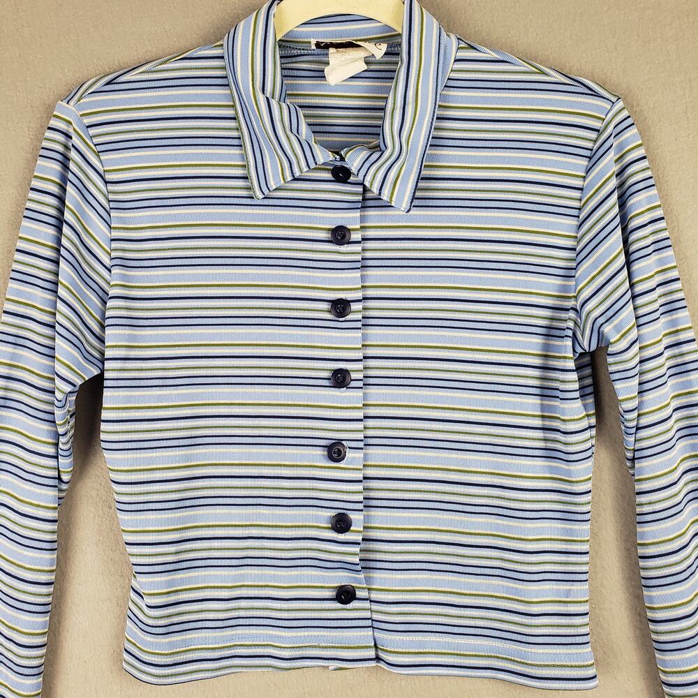 Y2K Accomplice Size M Button Front Polo Shirt Blue Green Stripe Androgynous Edgy - Picture 2 of 9